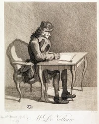 Voltaire al suo tavolo di lavoro - incisione