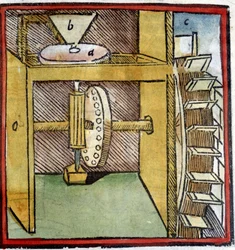 Ruota del mulino ad acqua usata per macinare il grano. Rappresentazione di un albero a camme (un piolo di legno attaccato a un albero rotante). Da "De architectura" di Vitruvio. 1630. Biblioteca Trivulziana, Milano.