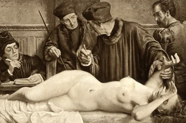 Stregoneria. Scienziati cercano un neo sul corpo di una strega, per pizzicarlo e studiarne la reazione. Illustrazione di E. Van Hoove. 1888