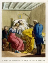 "Lacrime di donna, fonte di malizia. Guarda una donna che piange." Incisione del XVIII secolo che illustra una serie di proverbi.