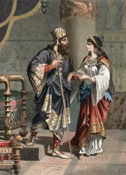 Serse I, Re di Persia (519-465 a.C.) con sua moglie Amestris. incisione del 1881 in 