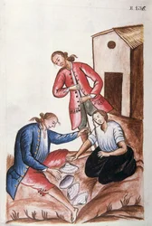 Giovani indiani che giocano al gioco delle conchiglie, dal libro "Trujillo del Peru" o "Codice Martínez Compañón", di Baltazar Martinez Compañón y Bujanda, vescovo di Trujillo (1782-1785)