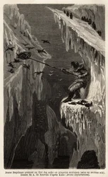 Giovane eschimese che cattura pinguini artici. Incisione per illustrare il viaggio al mare libero del polo artico, del Dottor Hayes, chirurgo della Marina degli Stati Uniti, nel 1860-1862, pubblicata in "Le tour du monde, nouveau journal des voyages", a cu
