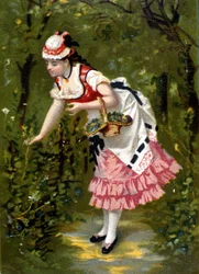 Giovane donna che raccoglie fiori. Cromolitografia.