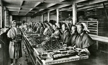 Inscatolamento di sardine, industria delle sardine, Finistère, Bretagna (foto b/n)