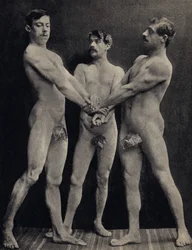 Il giuramento degli Orazi, posa di tre uomini nudi che giurano. Fotografia, fine XIX secolo, Parigi. Collezione Selva