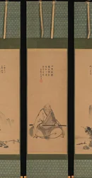 Maestro Zen con bastone da meditazione e paesaggi in stile cinese, probabilmente fine 1620-1644