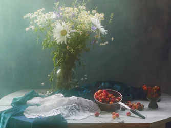 Fiori selvatici e ciliegie – Natura morta