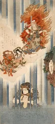 Attori Ichikawa Danjuro VII come Mongaku e Matsumoto Koshiro V come Fudo-myoo (in alto)