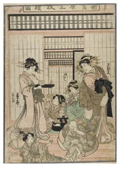 Scena dallo Shin Yoshiwara (trittico). Interno di un bordello nel quartiere di Yoshiwara con cortigiane e clienti, 1830-1843 circa (stampa xilografica su carta)