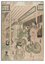 Scena dallo Shin Yoshiwara (trittico). Interno di un bordello nel quartiere Yoshiwara con cortigiane e clienti, 1830-1843 circa (stampa xilografica su carta)