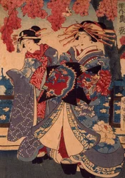 Due donne in un giardino fiorito, di Utagawa Kunisada, xilografia, tecnica crepon