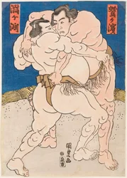 Combattimento dei lottatori di sumo Uzugafuchi e Washigahama