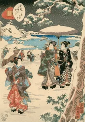 Figure con parasoli nella neve (Una scena dal racconto di Genji)
