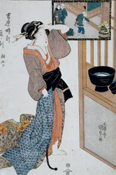 Ora della tigre, settima ora del mattino, ca 1818, xilografia Ukiyo-e di Utagawa Kunisada (1786-1865) da Le dodici ore a Yoshiwara, xilografia Oban-tate-e, 37 x 24,9 cm, civiltà giapponese