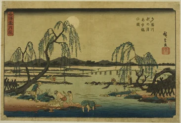 Pesca di ayu nel fiume Tama sotto la luna d