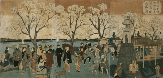 Ciliegi in piena fioritura lungo il fiume Sumida. Bokusui tsutsumi hanazakari no zu