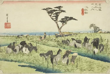 Chiryu: Mercato dei cavalli di inizio estate (Chiryu, shuka uma ichi), dalla serie "Le cinquantatré stazioni del Tokaido (Tokaido gojusan tsugi no uchi)", noto anche come Hoeido Tokaido