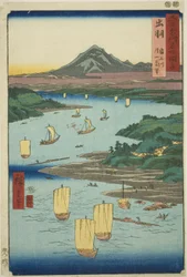 Provincia di Dewa: fiume Mogami e vista lontana del monte Gassan (Dewa, Mogamigawa, Gassan enbo), dalla serie "Luoghi famosi nelle sessanta e più province (Rokujuyoshu meisho zue)"