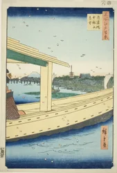 Vista lontana del ponte Azuma e del tempio Kinryuzan, dalla serie "Cento famosi vedute di Edo"