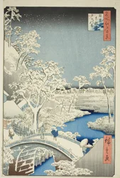 Ponte del tamburo e collina Yuhi a Meguro (Meguro Taikobashi Yuhi-no-oka), dalla serie "Cento vedute famose di Edo (Meisho Edo hyakkei)"