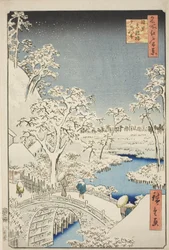 Ponte del tamburo e collina Yuhi a Meguro (Meguro Taikobashi Yuhi-no-oka), dalla serie "Cento vedute famose di Edo (Meisho Edo hyakkei)"
