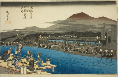Godendo del fresco serale sul letto del fiume a Shijo (Shijogawara yusuzumi), dalla serie "Luoghi famosi di Kyoto (Kyoto meisho no uchi)"