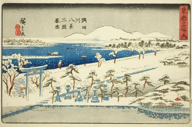 Neve serale a Mimeguri, Otto vedute del fiume Sumida (Sumidagawa hakkei, Mimeguri bosetsu), dalla serie "Luoghi famosi della capitale orientale (Toto meisho no uchi)"