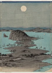 Veduta serale degli otto luoghi famosi vicino a Kanazawa sotto la luna piena nella provincia di Musashi