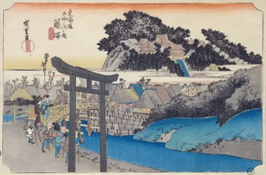 Fujisawa: il tempio buddhista Yugyo-ji, o Shojoko-ji, della setta Ji, dalla serie "Le cinquantatré stazioni del Tokaido", ca. 1834-35