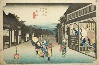 Goyu: Donne che fermano i viaggiatori, dalla serie "Le cinquantatré stazioni del Tokaido", conosciuta anche come il Tokaido di Hoeido
