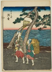 Hamamatsu, dalla serie "Le cinquantatré stazioni [del Tokaido] (Gojusan tsugi)," anche conosciuta come il Tokaido delle figure (Jinbutsu Tokaido)