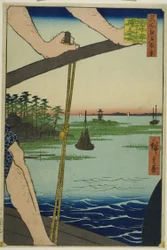 Traghetto di Haneda e santuario di Benten (Haneda no watashi Benten no yashiro), dalla serie "Cento vedute famose di Edo (Meisho Edo hyakkei)".