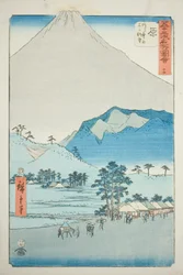 Hara: Veduta dei monti Ashitaka e del Monte Fuji, n. 14 dalla serie "Vedute famose delle cinquantatré stazioni", conosciuta anche come il Tokaido verticale