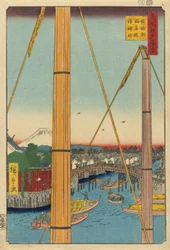 Ponte Inari e Santuario Minato, Teppozu (Teppozu Inaribashi Minato Jinja), dalla serie "Cento Vedute Famose di Edo (Meisho Edo hyakkei)"