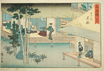 Ishibe—No. 52, dalla serie "Le cinquantatré stazioni del Tokaido (Tokaido gojusan tsugi)," conosciuta anche come il Reisho Tokaido