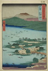 Provincia di Kaga: I fuochi di pesca sul lago Renko, una delle otto vedute sceniche di Kanazawa (Kaga, Kanazawa hassho no uchi, Renko no isaribi), dalla serie "Luoghi famosi nelle sessanta e più province (Rokujuyoshu meisho zue)"