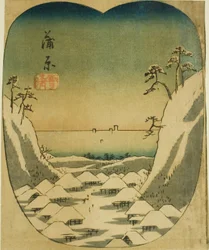 Kanbara, sezione del foglio n. 4 dalla serie "Ritagli delle cinquantatré stazioni (Gojusan tsugi harimaze)"