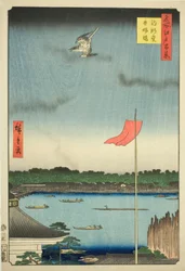 Komagata Hall e Ponte Azuma (Komagatado Azumabashi), dalla serie "Cento vedute famose di Edo (Meisho Edo hyakkei)"
