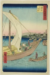 Kuwana: Traghetto a Shichiri (Kuwana, Shichiri no watashibune), n. 43 dalla serie "Famosi luoghi delle cinquantatré stazioni (Gojusan tsugi meisho zue)," noto anche come il Tokaido verticale
