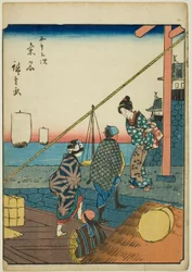 Kuwana, dalla serie "Cinquantaquattro stazioni [del Tokaido] (Gojusan tsugi)," conosciuta anche come il Tokaido delle figure (Jinbutsu Tokaido)
