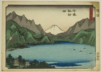 Lago Suwa nella provincia di Shinano, dalla serie "Trentasei vedute del Monte Fuji"