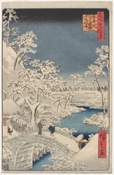 Immagine del crepuscolo al Ponte del Tamburo a Meguro, dalla serie 100 vedute di luoghi famosi a Edo