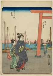 Miya, dalla serie "Le cinquantatré stazioni [del Tokaido] (Gojusan tsugi)," anche conosciuta come il Tokaido delle figure (Jinbutsu Tokaido)