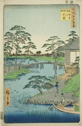 Tempio Mokubo, Ingresso Uchigawa e Gozensaihata, dalla serie "Cento famosi vedute di Edo"