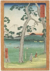 Il monte Fuji a sinistra visto dalla strada del Tokaido, aprile 1858