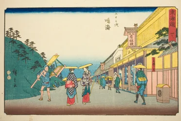 Narumi: Negozi che vendono il famoso tessuto tinto a nodi (Narumi, meisan shibori mise)—N. 41, dalla serie "Le cinquantatré stazioni del Tokaido (Tokaido gojusan tsugi)", noto anche come il Reisho Tokaido