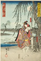 Ohan e Obiya Choemon che fuggono nel dramma Katsuragawa Renri no Shigarami, dalla serie "Una raccolta di drammi antichi e moderni (Kokon Joruri zukushi)"