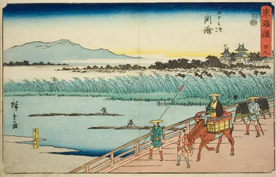 Okazaki: Fiume Yahagi (Okazaki, Yahagigawa)—N. 39, dalla serie "Le cinquantatré stazioni del Tokaido (Tokaido gojusan tsugi)," anche conosciuta come il Reisho Tokaido