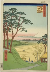 Casa da tè del vecchio, Meguro (Meguro Jijigachaya), dalla serie "Cento vedute famose di Edo (Meisho Edo hyakkei)".